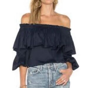 Perfect ALEXIS size M BARBIE off Shoulder Top Navy Blue Ruffle
